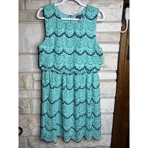 Luxology Embroidered Lace Overlay Sleeveless Dress Aqua Blue Trim Sz 16Cocktail